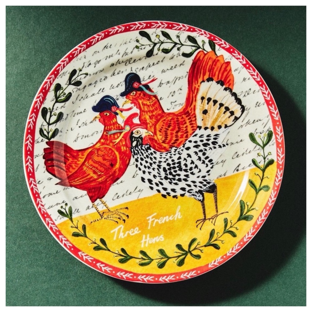 NIB Anthropologie Emily Maude 12 Days of Christmas 3 French Hens Dessert Plate